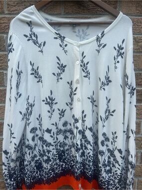 Talbots Cream Button-Front Floral Cardigan with Navy Print and Orange Hem 3X